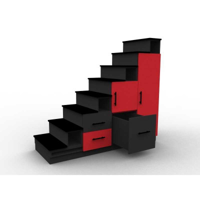Meuble escalier rouge et noir avec portes et tiroirs, modèle Stendal aménagement mezzanine